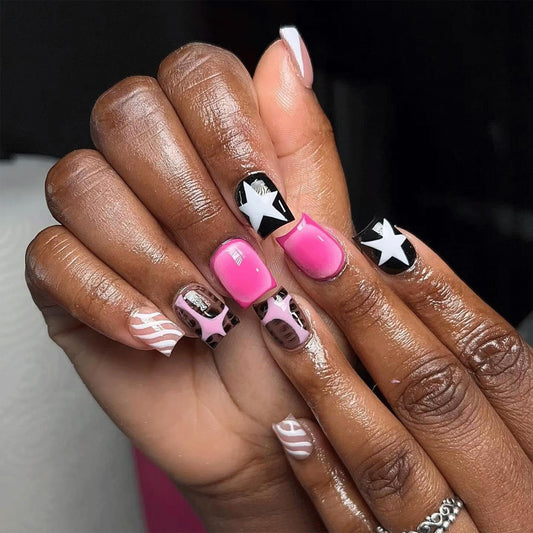 IMSOHOT Press on Nails Short Square Fake Nails Pink Ombre & Black White Pattern False Nails Cute Acrylic Nail Supplies Y2K Squoval Glossy Full Cover Stick on Nails for Women Girls