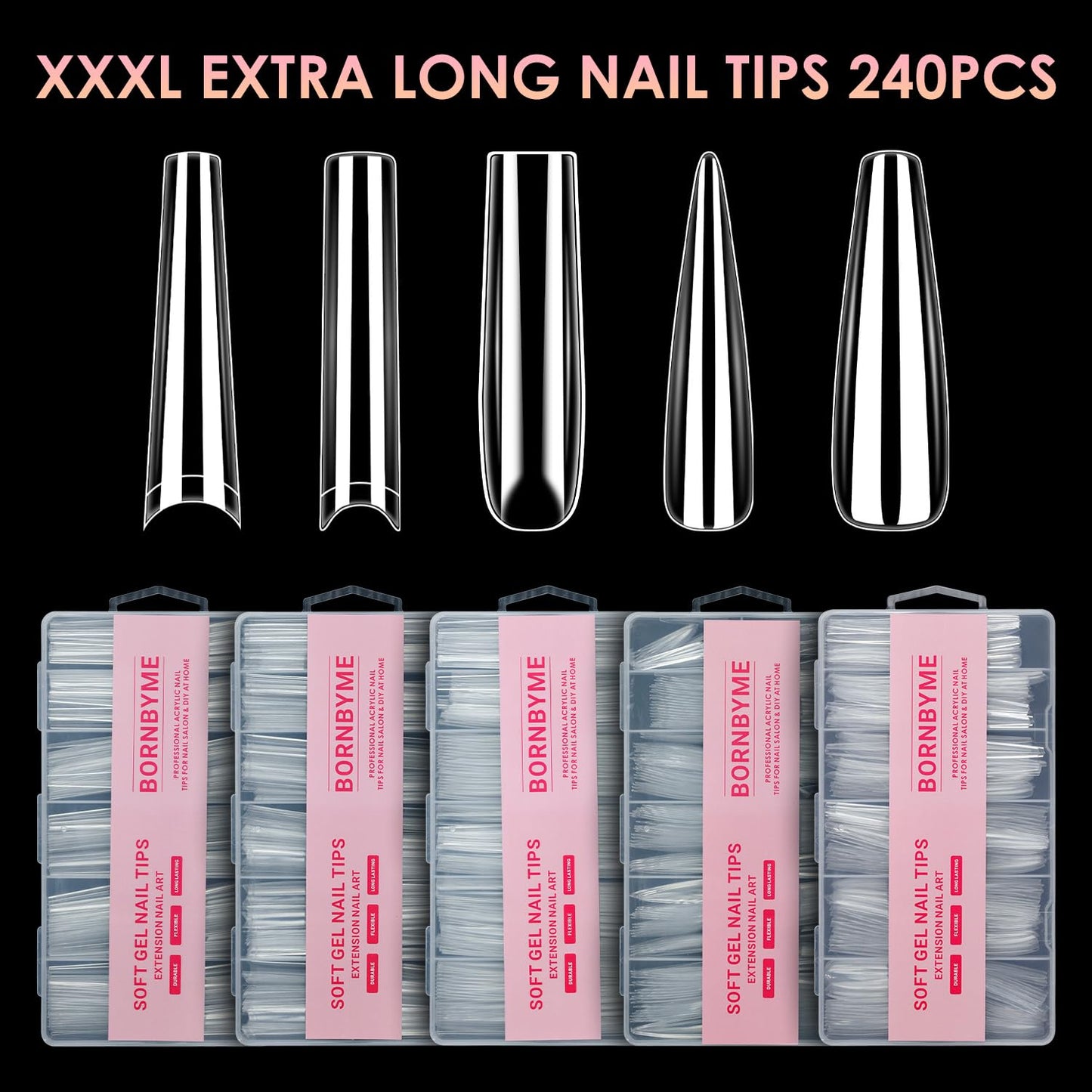 XXXL Half Nail Tips,BORNBYME No C Half Square Nail Tip Long Clear Nail Tips for Acrylic Nail Extension