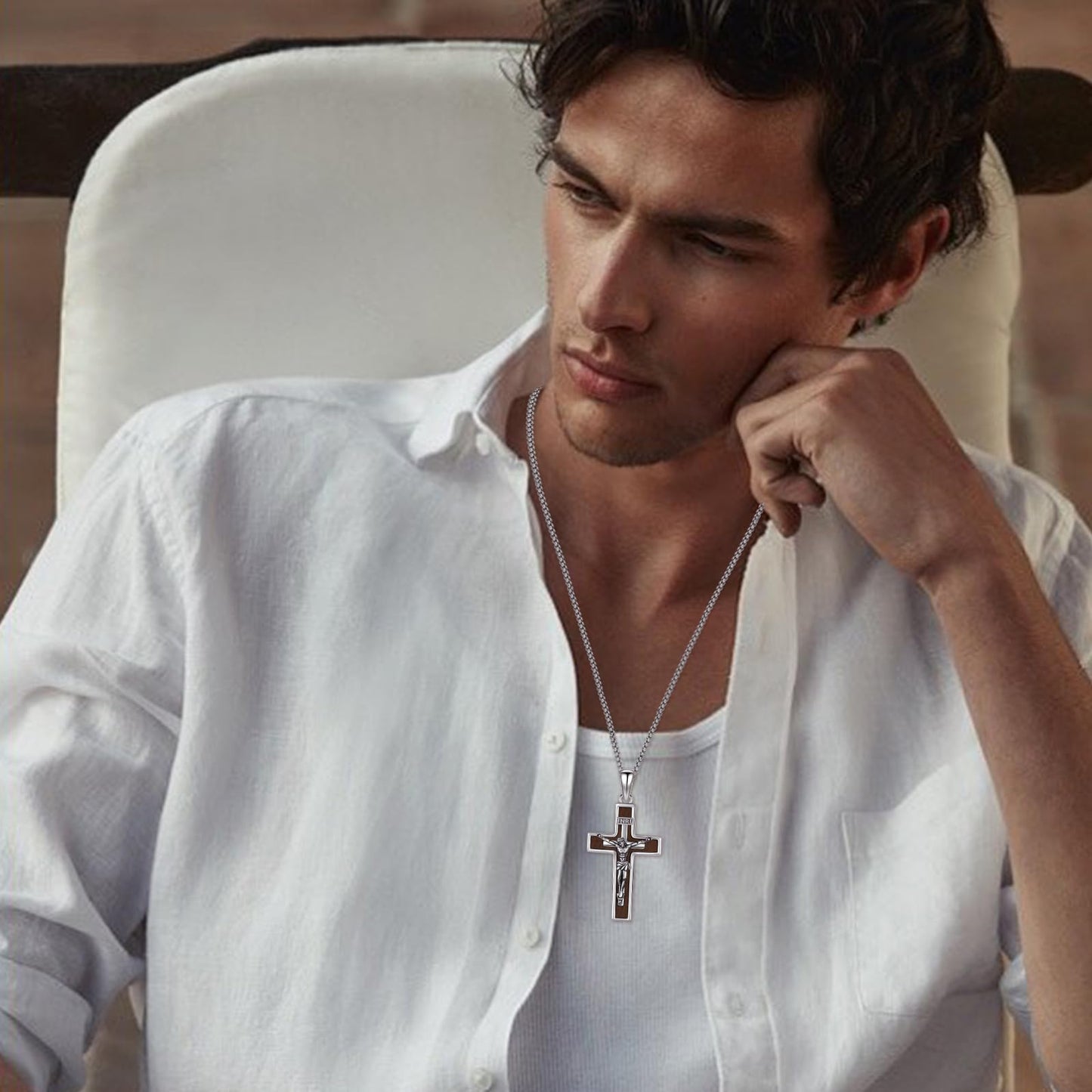 YEESIA Wooden Cross Necklace for Women Men 925 Sterling Silver Jesus Crucifix Pendant Necklace Cross Jewelry Gift for Women Men