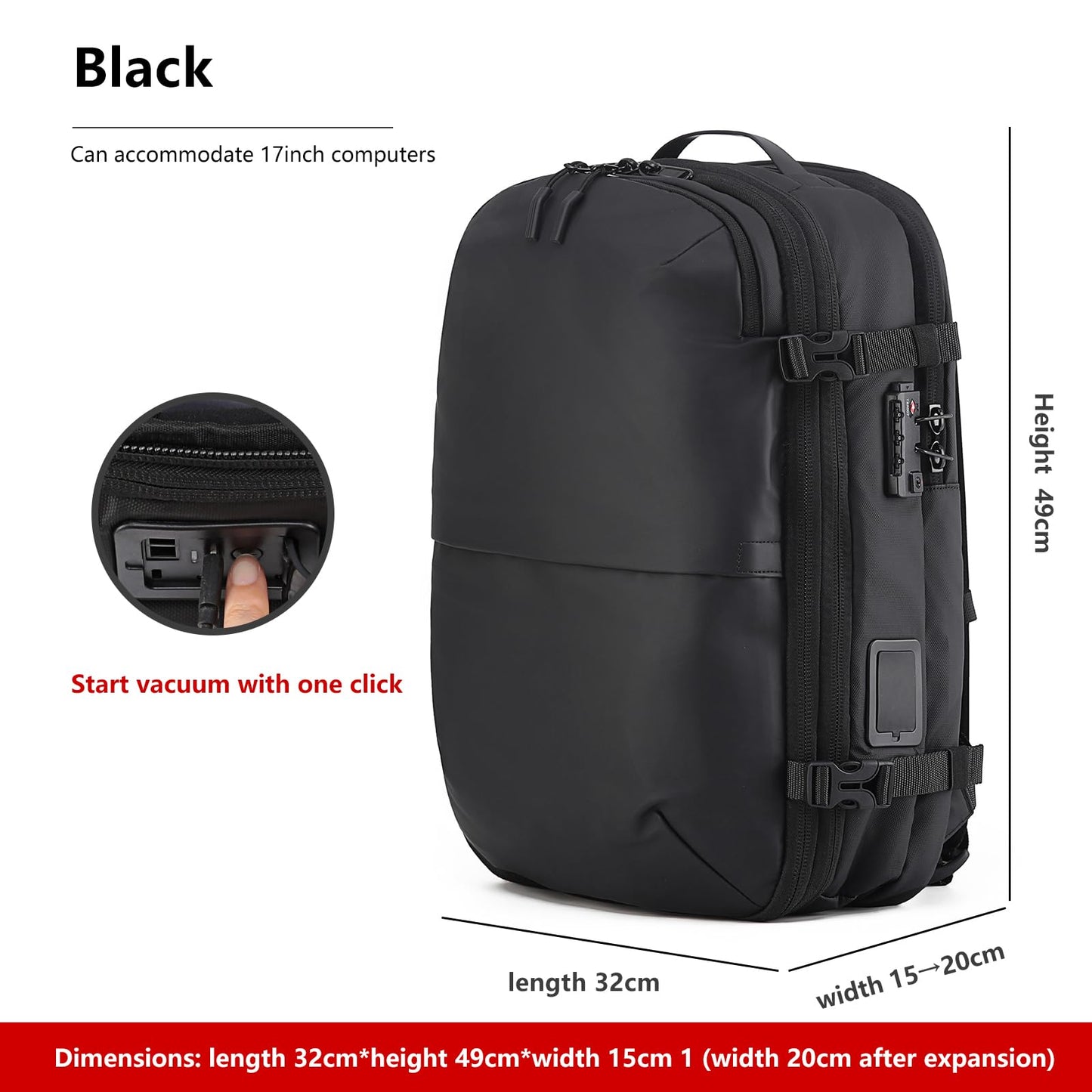 LIGHTGO] Travel-friendly Vacuum Packing Backpack with Built-in Air Pump, Portable Compression Cube, TSA-approved Lock, and Waterproof for College Students and Family Trips.