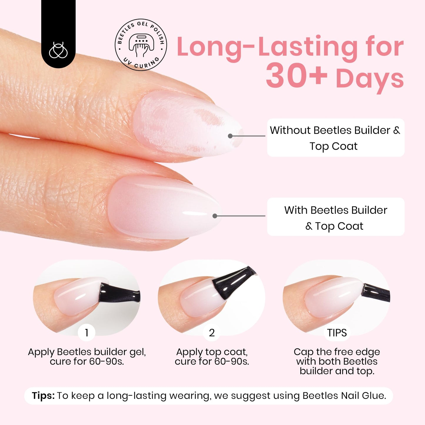 Beetles Ombre Press On Nails 224 Pcs Short Almond Ombre Pink Gel Nail Tips 4 in 1 Press On Nails Pre-Applied Primer and Base Coat, No File Need DIY Manicure Easy False Nail Tips for Nail Extension