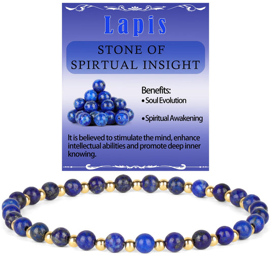 QOGIR Lapis - Stone of Spiritual Insight - 14K Gold Plated Beads Natural Gemstone Stretch Elastic Dainty Healing Beaded Bracelets Gifts 4mm