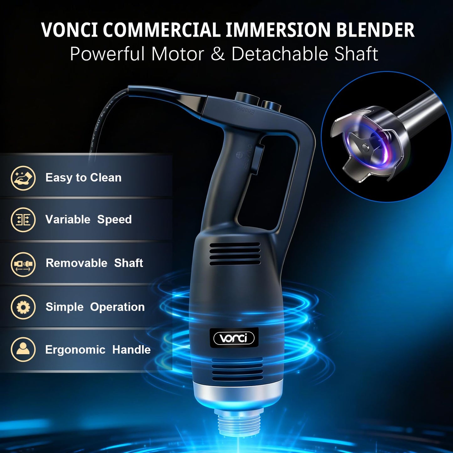 VONCI 750W Commercial Immersion Blender, Extra Heavy Duty Hand Blender with Variable Speed 8000-19000RPM, Handheld Stick Mixer with 20" SUS 304 Shaft, Commercial Emulsifier for Restaurant Kitchen.
