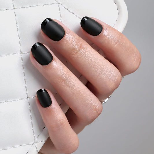 Matte Black Press On Nails Extra Short - GJZEZ Soft Gel Square Squoval Fake Nail Press Ons with Glossy French Tip in a Matte Finish, Salon Quality Reusable Glue On Nails in 16 Sizes & 32Pcs, Ink Mist