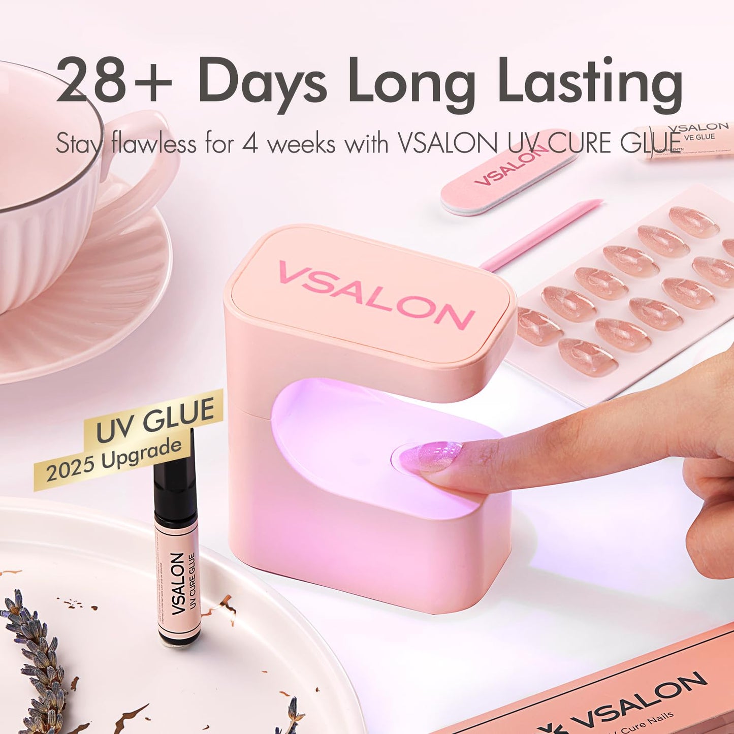 VSALON Press On Nails Short Almond, Cat Eye Spring Glue on Nails Silver Shimmer Ribbon Sparkly Fake Nails With UV Glue Reusable Salon Quality Swirl Summer Stick on Nails for Women - 32 Pcs 16 Sizes