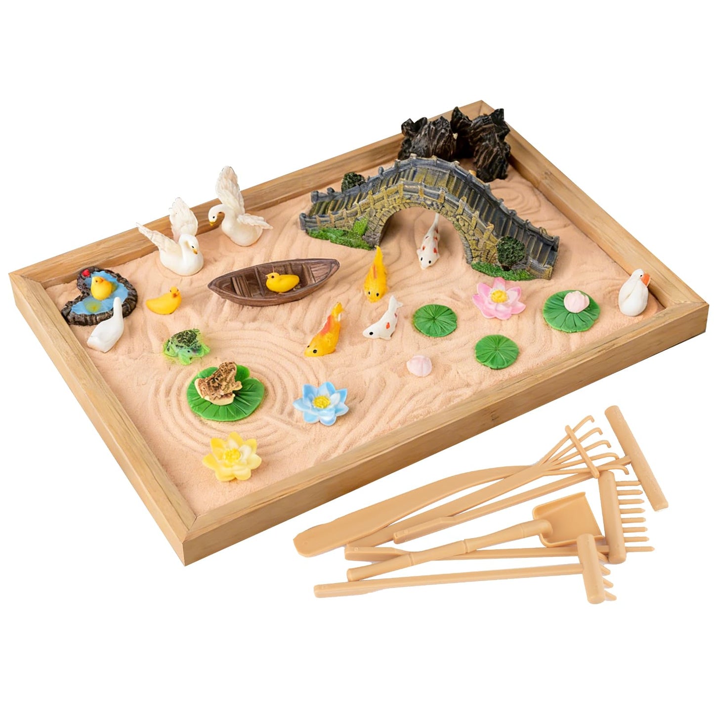 Zen Garden Kit for Desk, Fresh and Vivid Garden Style Sand Tray Therapy kit with Wooden Tray & Rake Garden Accessories, Home, Office Desk＆Meditation Room Decorations for Emotional Wellness