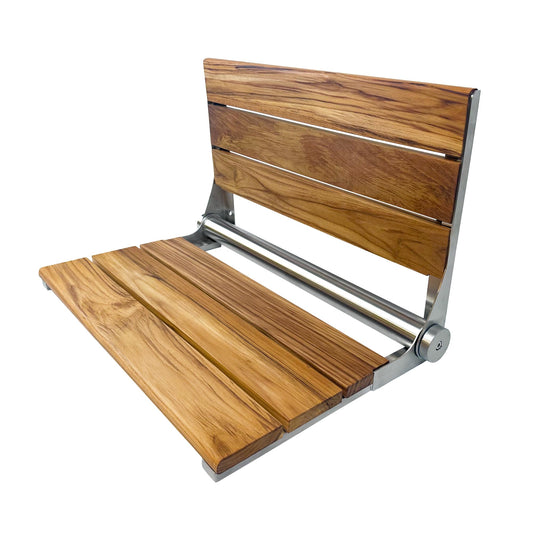 Teak Shower Seat Bench with Back - Wall Mounted Fold Up Shower Seat, Waterproof Folding Teak Bath Chair for Seniors, 304 Stainless Steel, with 300 lbs Capacity - 24" Length, Brushed Stainless Finish