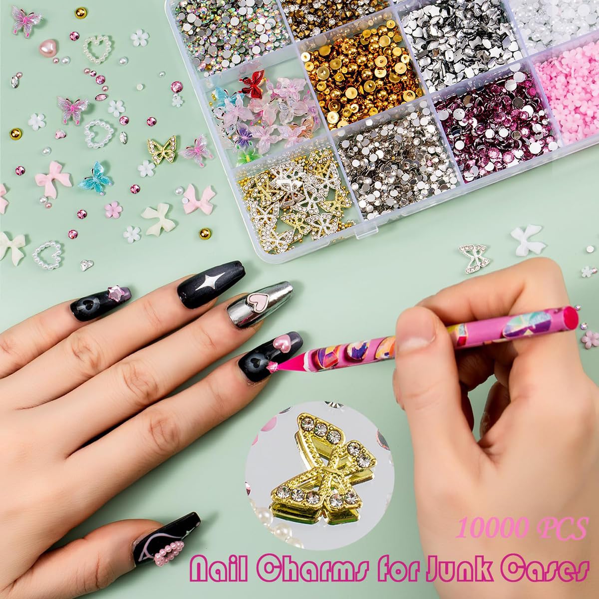 15 Grids Nail Art Decorations Set - 3D Bow Heart Butterfly Flower Charms, Glitter Sequins, Rhinestones & Pearls, Pink White Gold Nail Jewelry Kit for Acrylic Nails, DIY Manicure Accessories for Women