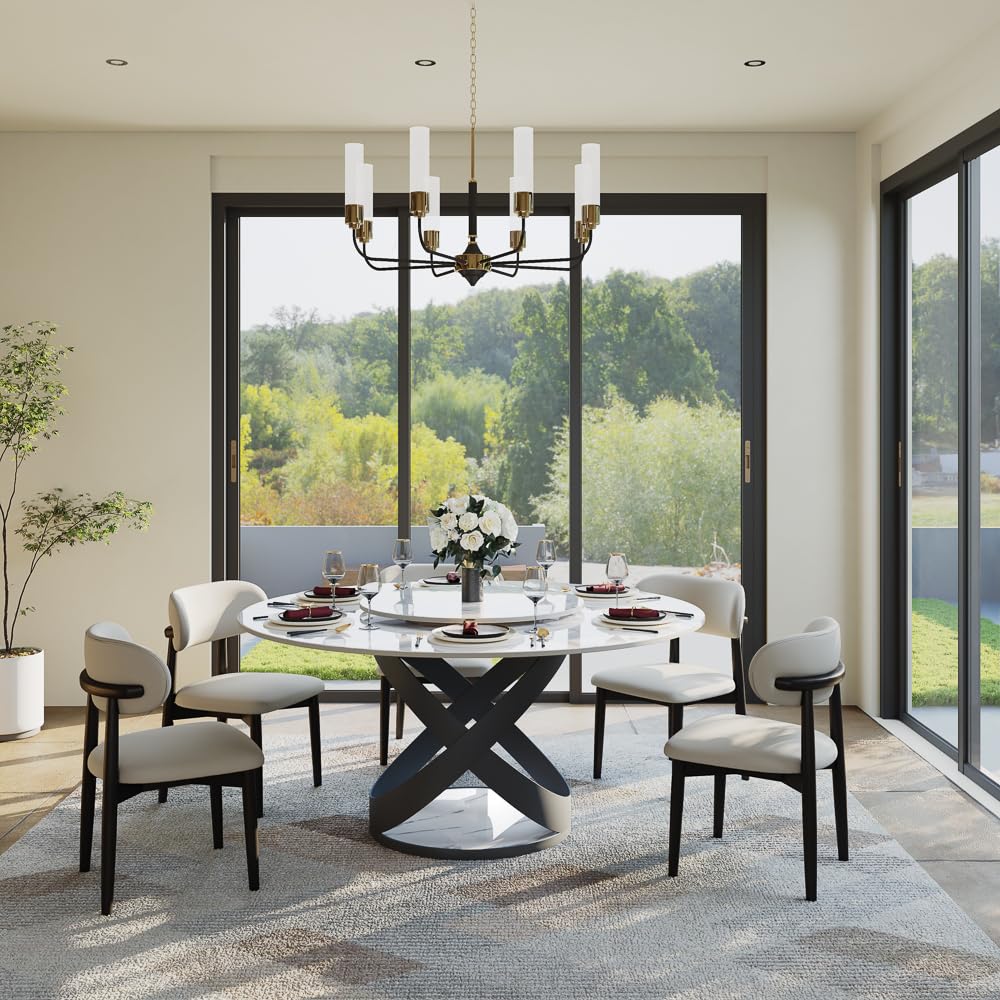 POVISON 59" Modern Dining Table, Glossy White Round Dining Table for 6 Built in Lazy Susan, Sintered Stone Dining Tabletop with Black X Carbon Steel Base (Table Only)