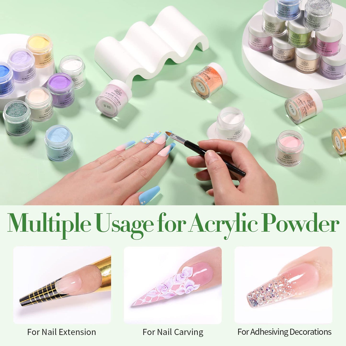 BORN PRETTY Acrylic Powder Set 36 Colors Acrylic Nail Powder Nude Pink Burgundy Red Green Blue White All Seasons Professional Polymer 3D Nail Art Kit for French Extension Carving Valentines Day Gift
