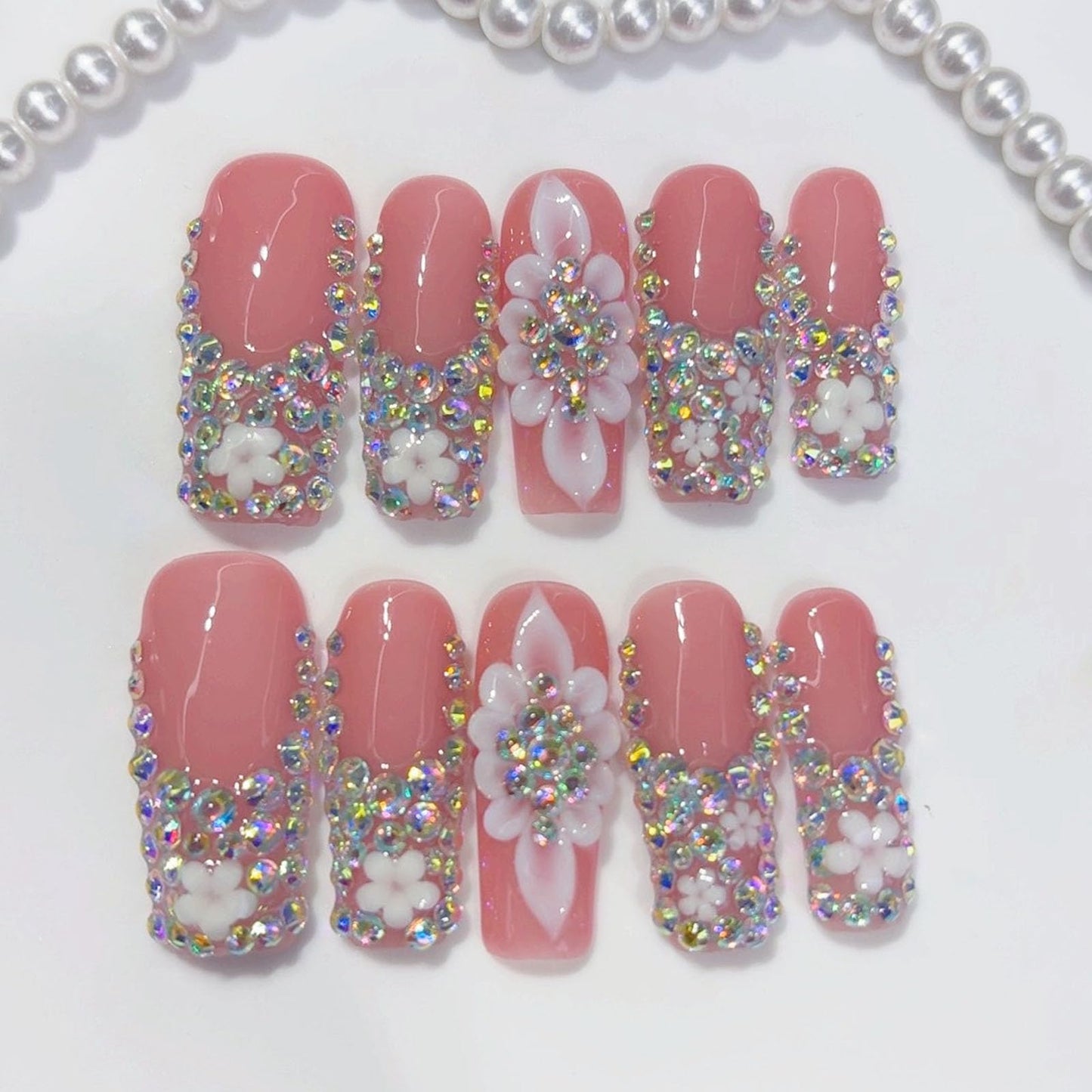 10 Pcs Handmade Press on Nails Long Square Fake Nails with 3D Flowers Rhinestones Charms Design Pink Acrylic False Nails Wedding Party Press Ons Nails Square for Women - M Size