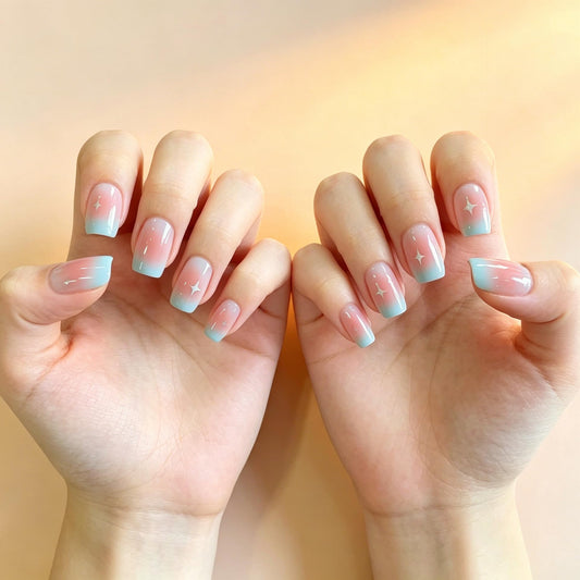 Blue Pink Ombre Press On Nails Glossy Medium Square Fake Nails with Star Design Cute Starry False Nails Reusable Acrylic Stick On Nails for Women Daily Wear, 24 Manicure Kit with Adhesive Tabs