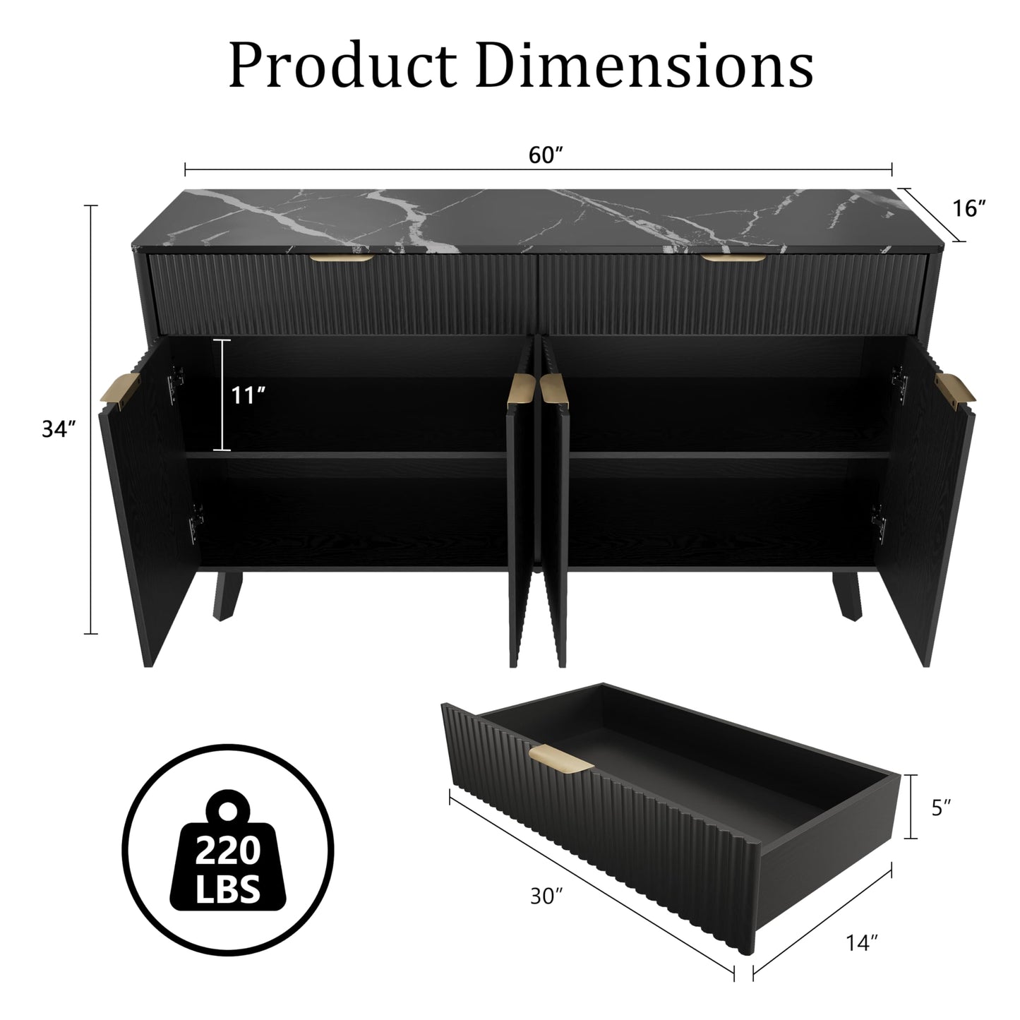 GarveeLife 60'' Sideboard Buffet Storage Cabinet with 2 Drawers 4 Doors & Adjustable Shelves