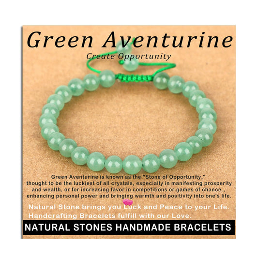 AD Beads 6mm Green Aventurine Bracelet - Stone of Create Opportunity - Handmade Natural Stone Crystal Bracelet with Adjustable Macrame String - Yoga Healing Power Energy Gifts for Men and Women