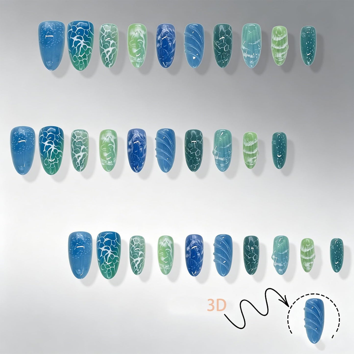 Ocean Press on Nails Medium Almond, 3D Sea Themed False Nails, Glossy Blue Green Ombre Fake Nail Sea Wave Glue on Nail, Seashell Stick on Reusable Acrylic Fingernails for Women Summer Daily Wear