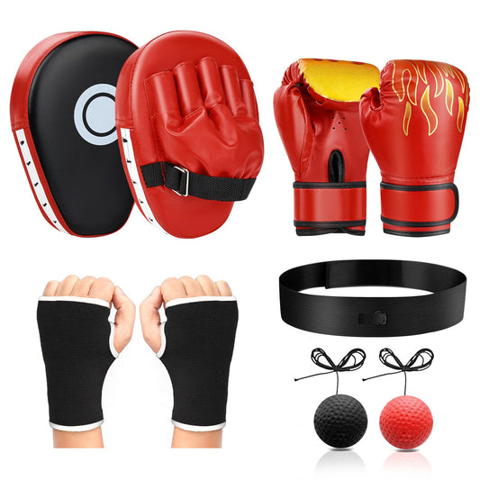 4-in-1 Boxing Gloves and Punching Mitts Set for Boys & Girls, Kids Boxing Gloves Focus Pads with Hand Wraps, Boxing Reflex Ball, Boxing Equipment Set for MMA Karate Muay Thai Taekwondo