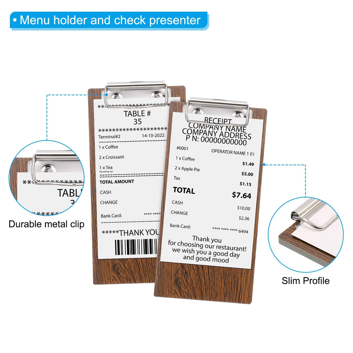 PATIKIL Check Presenters for Restaurants, 30Pcs Mini Clipboard Wood Check Holder Half Page Menu Holder for Restaurant Cafe Waitress Guest Check Server, Brown