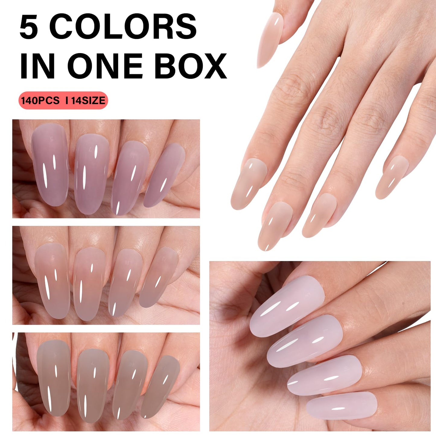 AILLSA Medium Gel Nail Tips Oval Shape 5 Natural Colors 4 in 1 False Nail Tips Set Press on Nails 140 PCS Pre-applied Tip Primer