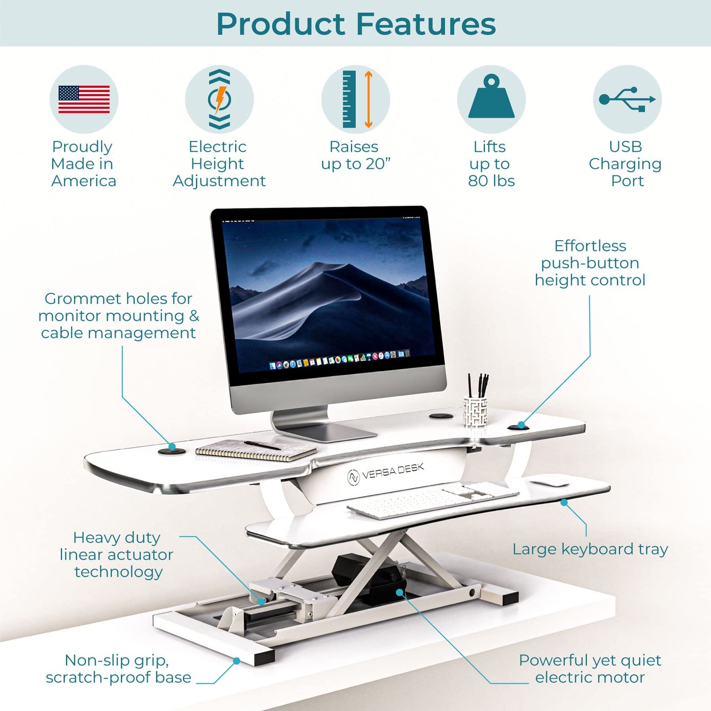 VERSADESK® PowerPro™ 48 Inch Extra Wide Standing Desk Converter, PowerPro™ Electric Height Adjustable Sit to Stand Desk Riser with Keyboard Tray, Build-in USB Charging Outlet, Hold 80 lbs, (48",