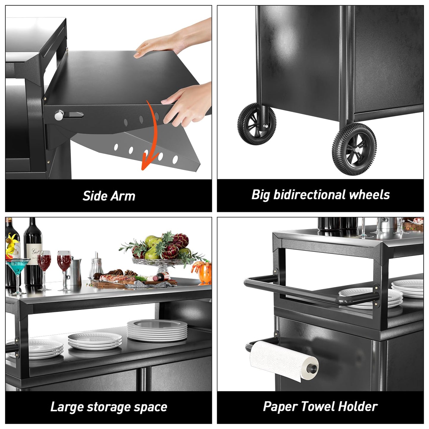 MUHYHY Outdoor Grill Table with Storage, Movable Outdoor Grill Cart, Stainless-Steel Tabletop Outdoor Kitchen Island, Patio Kitchen Island BBQ Cart with Wheels for Home BBQ Backyard Party