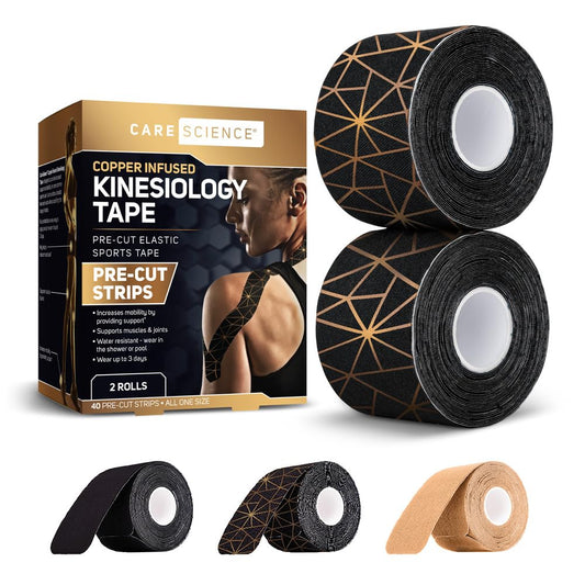 Care Science Waterproof Kinesiology Tape, 40 ct Precut Strips (2 Rolls), Copper Infused | Water Resistant Strips, Elastic Athletic Tape for Sports & Weightlifting, Muscle Strain Relief & Joint Support