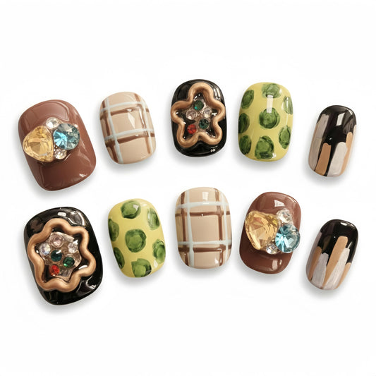 Fine Point Premium Vintage Handmade Plaid Gem Press On Nails, Short Square Green & Brown Check Flower with 3D Gold Charms, Reusable Glue On Fake Nails for Women, 10PCS, Fun Boho Gifts(Size Small)