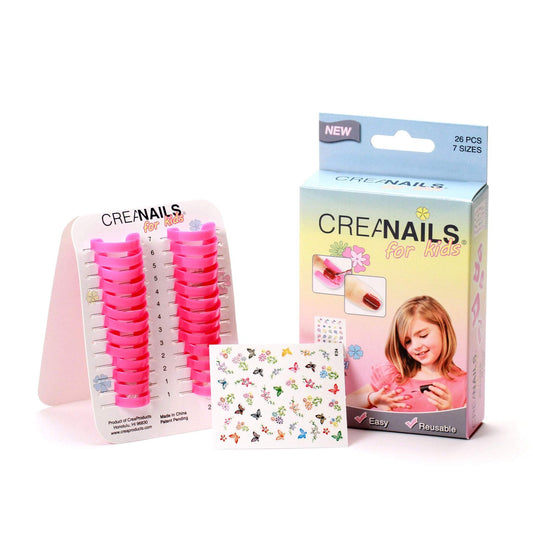 CreaNails Nail Polish Stencils for Kids - Nail Holder for Painting Nails & Fun Flower Design Stickers - Reusable, Spill-Proof Nail Guard Applicator for Gel Paint, Decals- 8 Sizes, 26 Pieces