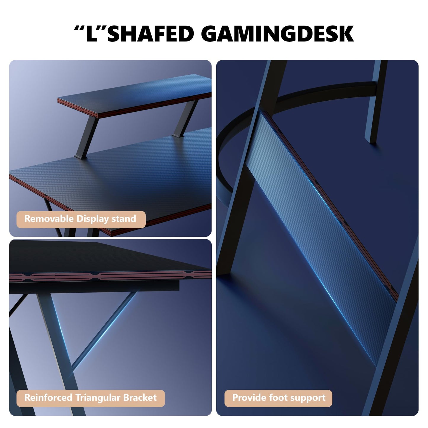 YINGCHAOJI L-Shaped Gaming Desk with Monitor Stand,Carbon Fiber Corner Computer Desk,Z-Shaped Legs Waterproof Office Workstation for Home,Easy to Assemble
