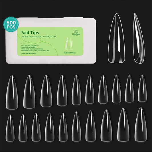 Beetles Gel Nail Tips Clear, Stiletto Medium, 500Pcs 10 Sizes, Pre-Shaped Full Cover Soft Acrylic False Press On Nail Tips Stiletto Shape Easy DIY Nail Extension Salon Gift for Women