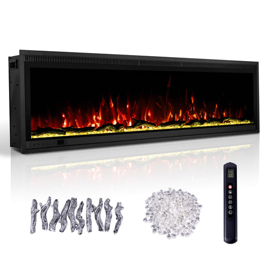 60" Linear Electric Fireplace Heater Insert: Ultra-Narrow Frame Wide Screen, 13 Flame & Ember Colors, 3 Top Light Colors. Wall Mount/Recessed,1500W/750W with Remote & Touch Control, Log & Crystal Set