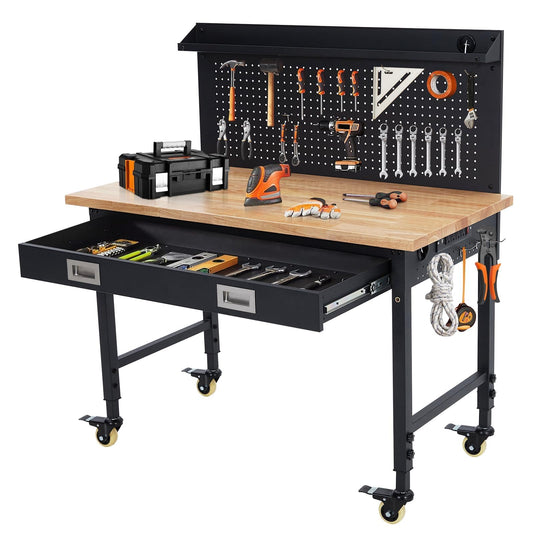 72 Inch Heavy Duty Rolling Tool Chest, Stainless Steel Tool Cabinet with 15 Drawers, Solid Wood Top Workbench, Mobile Toolbox Organizer with Locking Wheels, Power Outlets, for Garage, Workshop, Storag