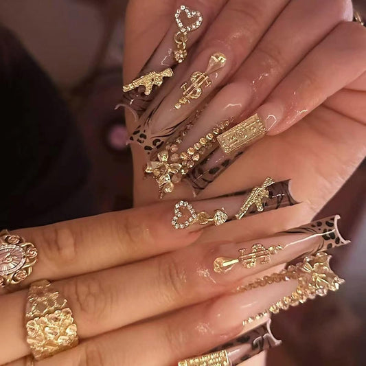 MISUD Press on Nails - Extra Long Square Glue on Nails with Fall Brown, Acrylic Money Charms Design 24 pcs