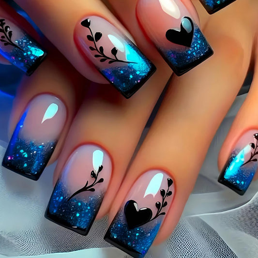Blue Gradient French Tip Press on Nails Short Square Shaped False Nails Heart Love Pattern Designs Glitter Acrylic Fake Nails Full Cover Glossy Artificial Stick on Nail Women Nail Art DIY 24 Pcs