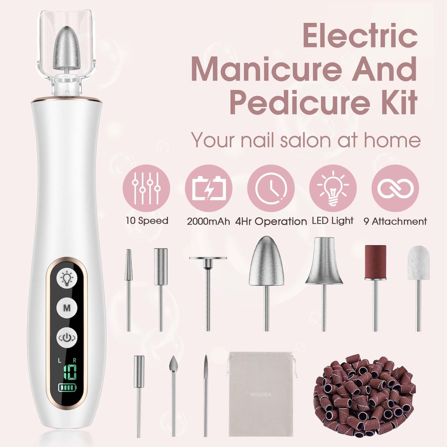 Hoxida Cordless Electric Nail Drill: 10-Speed Professional Nail File with 360° LED Light for Manicure Shaping & Gel Removal, Nail Art Practice Essentials,Home DIY & Portable Travel Use