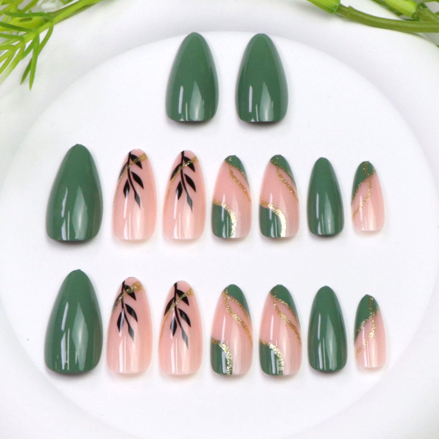 24Pcs Medium Press on Nails Almond Fake Nails with Leaves Designs Golden Glitter Glue on Nail Nude & Green Acrylic Nails Press ons Reusable Stick on Nails for Women Girls