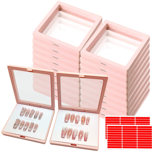 GUXACU Press On Nail Packaging Boxes 3D Floating Press On Nail Storage Box Nail Display Box with 60pcs Double Sided Adhesive Nail Display Tape for Nail Tech (Pink, 4.3 inch)