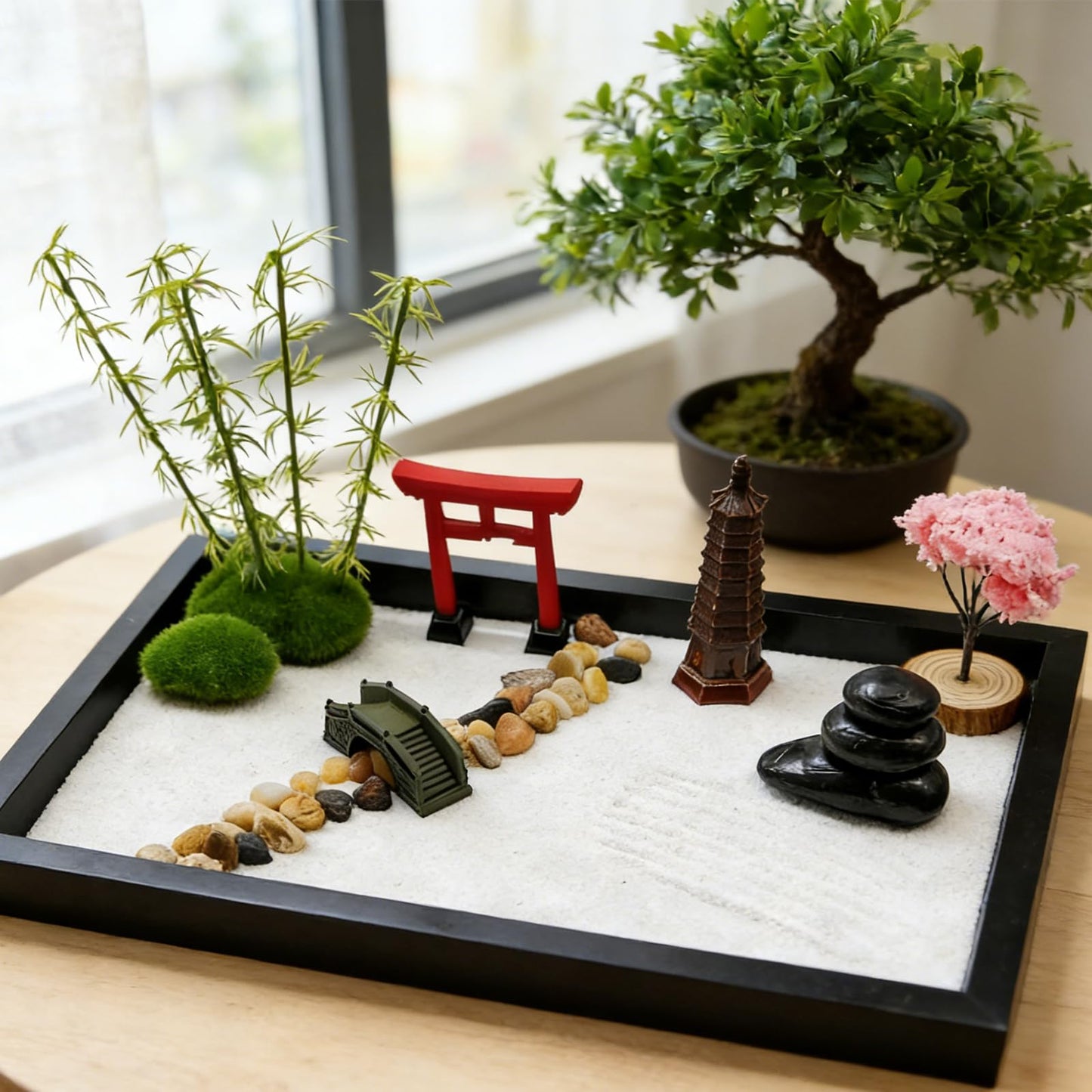 Flasunire Zen Garden Kit - Mini Zen Sand Garden Beautiful Japanese Gift Set Decor, 12.5 x8in Sand Tray, Meditation Gifts, Sand Tray Therapy Desktop Meditation Room, 15 Accessories and 6 Tools
