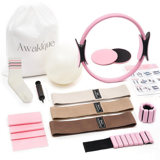 Awakique Pilates Kit, Home Pilates Kit with Pilates Ring and Ball Set, 14-Piece Full Body Pilates Workout Set with Resistance Bands, Sliders, Ankle Weights & Grip Socks for Home Workouts