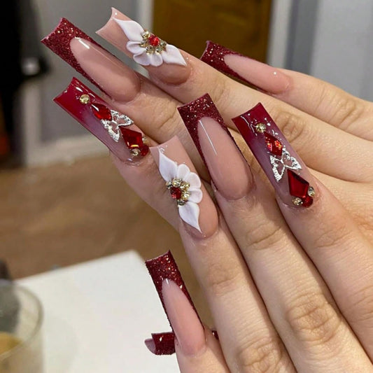 Octoswave Square Press on Nails Long Fake Nails Red French Artificial Nail 3D Bow Stick on Nail for Women 24pcs