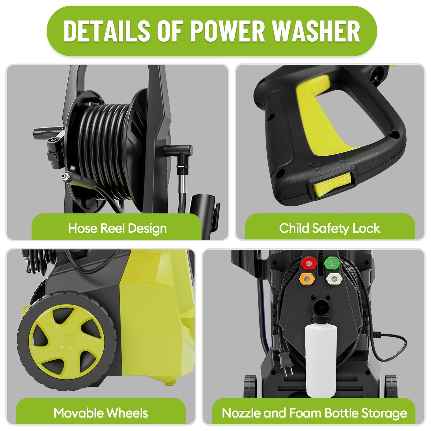 Pressure Washer Power Washer Cleaning Machine with Foam Cannon for Cars Fences Driveways Patios, Light Yellow