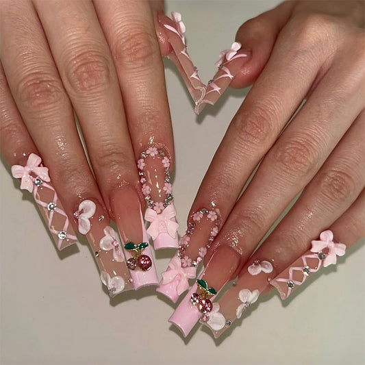 MISUD Press on Nails - Long Square Fake Nails with Pink, Acrylic Flower Cherry Design 24 pcs