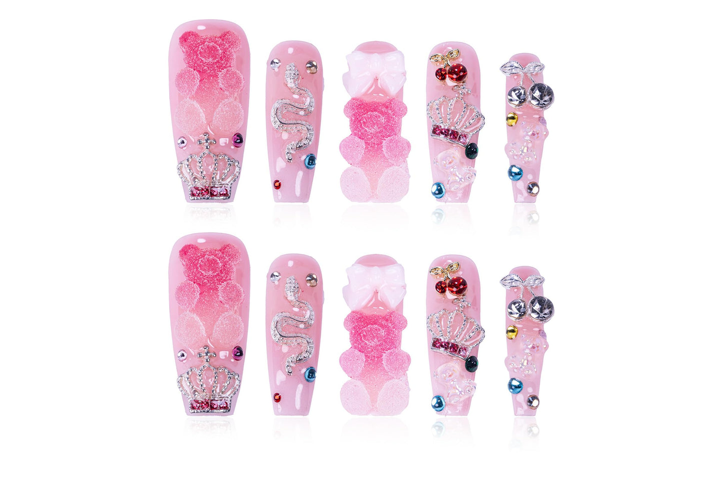 24Pcs Handmade Press on Nails, 3D Pink Long Length Square Fake Nails, Cute Manicure Kit with Full Covered Crystals for Women and Girls to Wear Daily