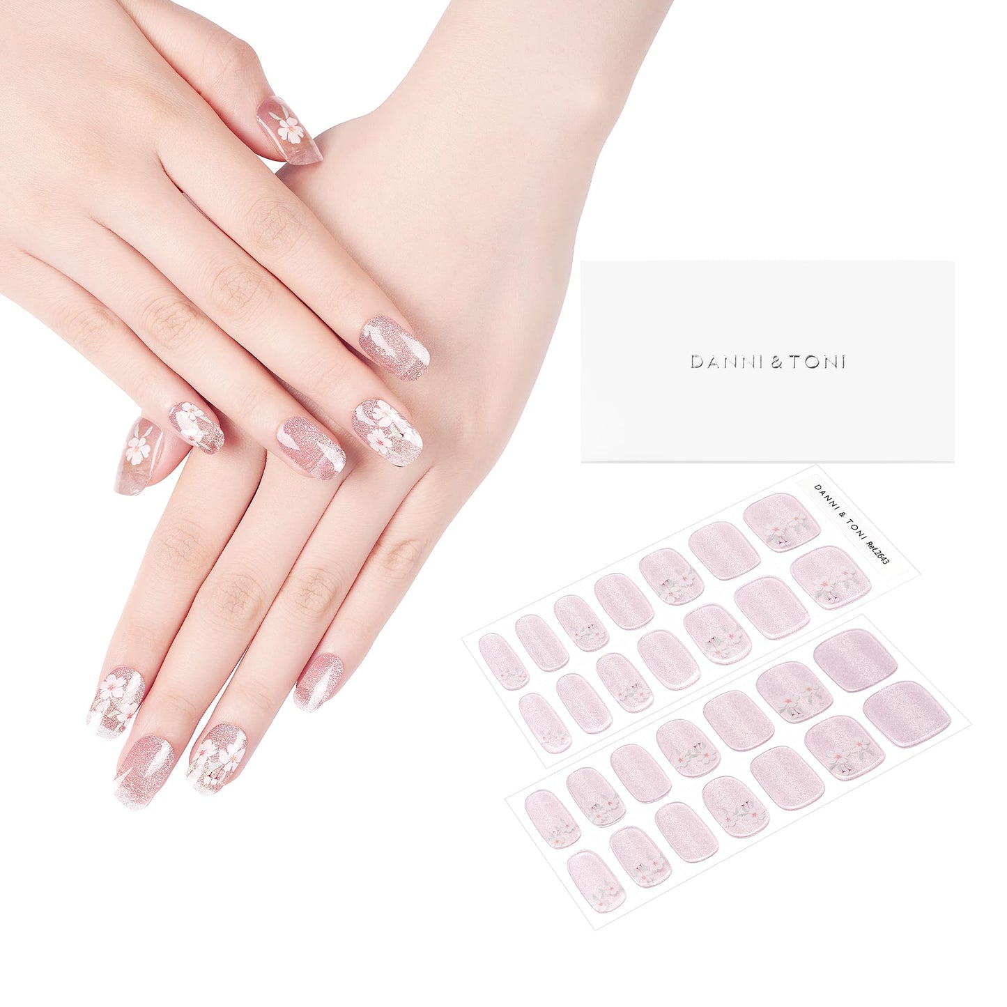 DANNI & TONI Semi Cured Gel Nail Strips Flowers (Petals of Glass) Pink Cat Eye Gel Nail Stickers 28 Stickers Gift for Woman Girls