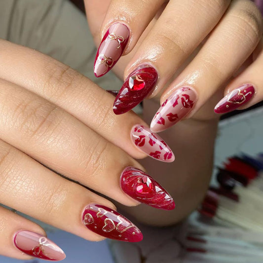 VOTACOS Cat Eye Red Press on Nails Almond Medium Y2K French Tip Acrylic Fake Nails Press Ons with Designs 3D Cherry Heart Bow Glue on Nail for Women 24PCS Reusable Artificial Stick on False Nail