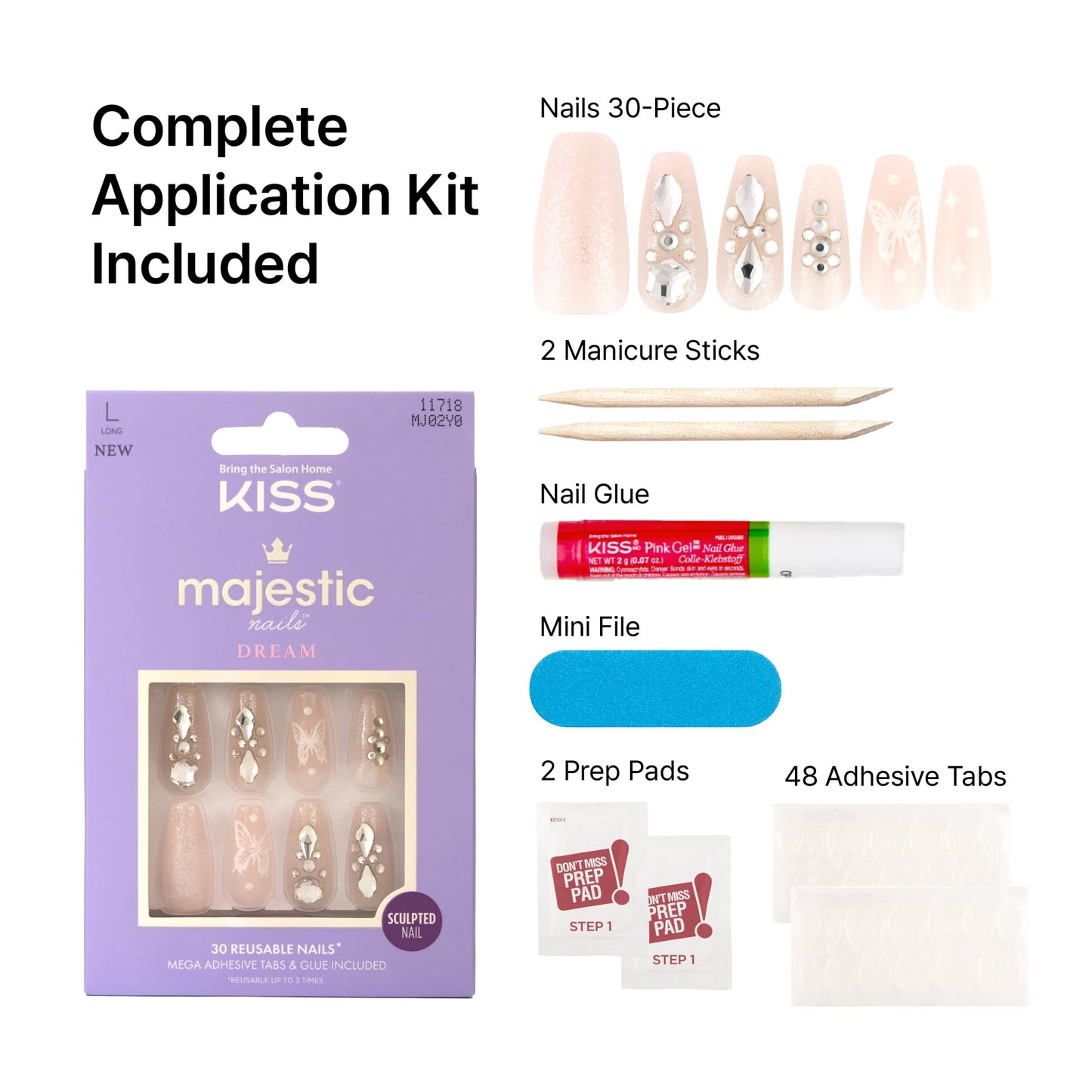KISS Majestic, 30 Pcs Press On Nails, Medium Coffin Fake Nails, Pink Butterfly Glitter Design with Gems, Reusable Stick On Extensions Full Cover Kit with Glue, Adhesive Tabs, Manicure Stick & File