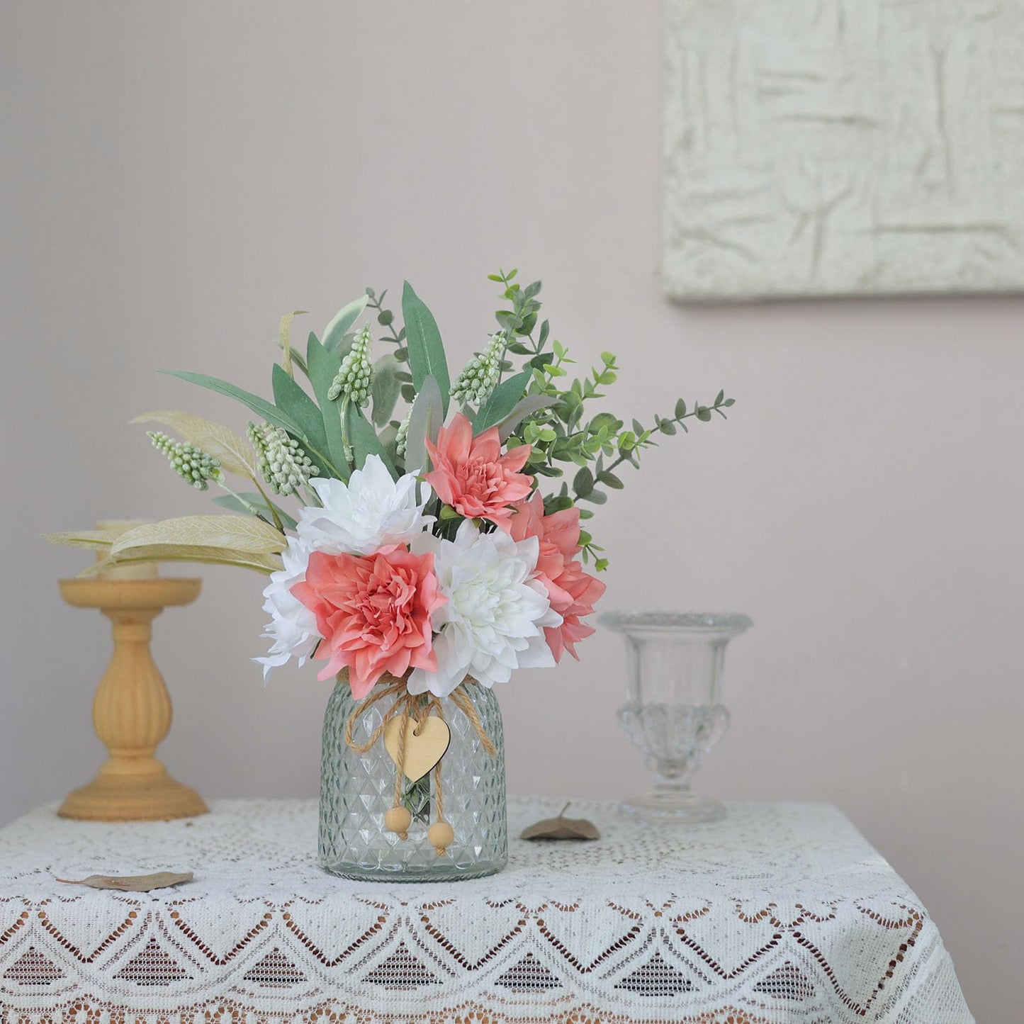 Faux Flowers with Vase,Artificial Silk Flowers in Vase, Fake Plant Eucalyptus and Willow,Flower Arrangement for Home Farmhouse Dining Table Centerpiece Decorations Coffee Table Decor (Dusty Pink)