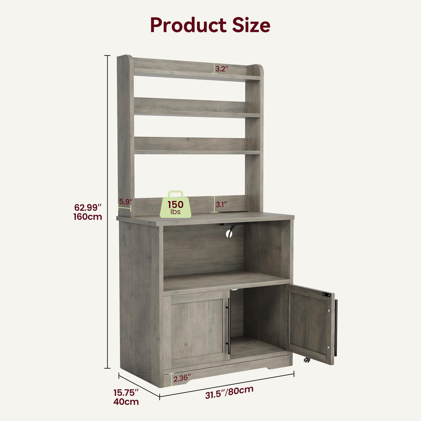 GAOMON Bakers Rack with Power Outlet and USB, Microwave Stand with Storage Cabinet, Coffee Bar Station for Kitchen, Utility Shelf Rack for Spices, 63" Tall, Gray