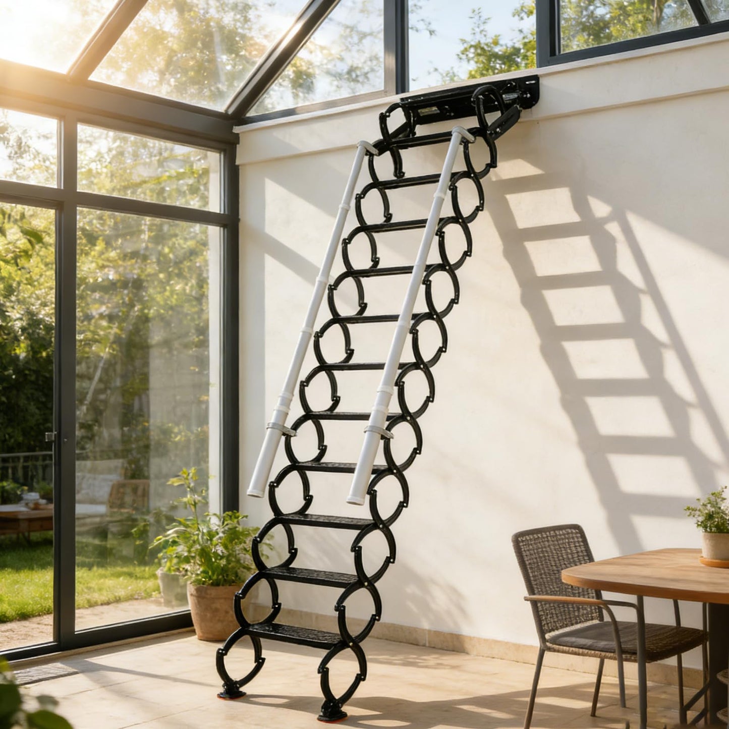 Wall Mounted Folding Ladder with Handrails, Pull Down System Attic Stairs, Telescopic Attic Ladder, Applicable Height 9.6-10ft, Attic, Basement, Warehouse, Passage Folding Stair (Black, 12 Steps)