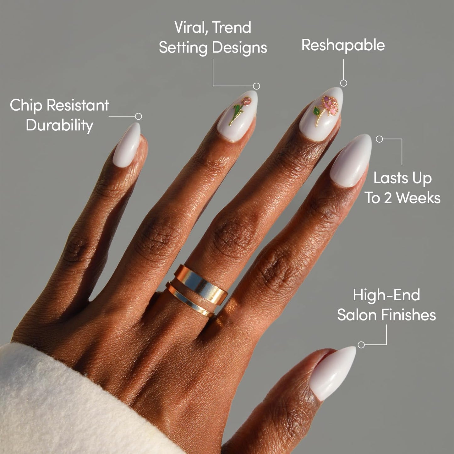Glamnetic Press On Nails - Floral Glow Spring Nails | Short Almond Fake Nails in Milky White Base with 3D Rose Designs in a Glossy Finish, Salon Quality | 15 Sizes - 30 Nail Kit with Glue
