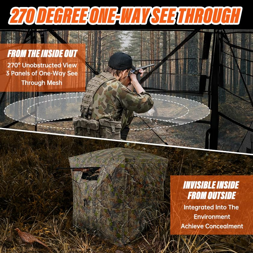 GOTRUTH Hunting Blind 270°See Through Ground Blind with Full Open Door, 3-4 Person Pop Up Deer Blind for Hunting with Carry Bag, Portable Resilient Hunting Tent for Turkey and Deer (Camouflage)